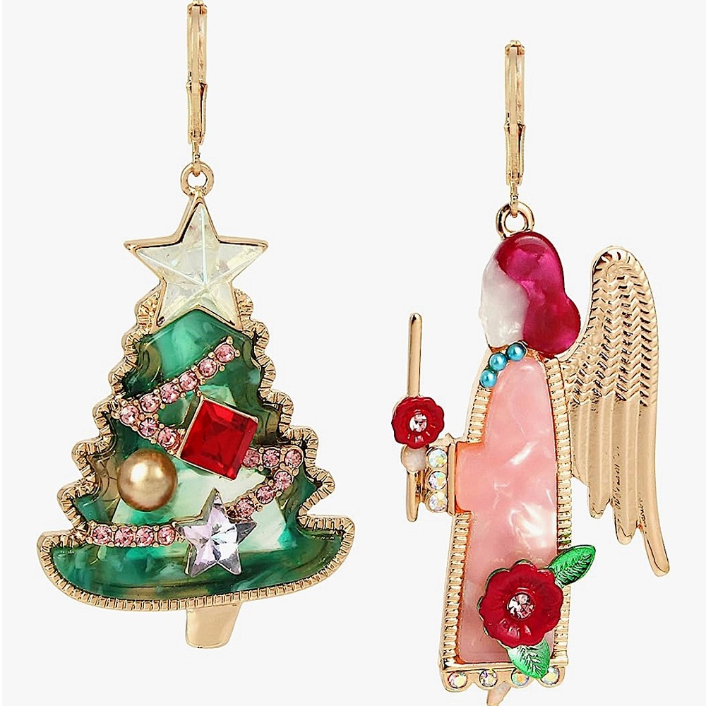 Betsey Johnson Feliz Navidad Christmas Tree Angel Mismatch Dangle Earrings NWT